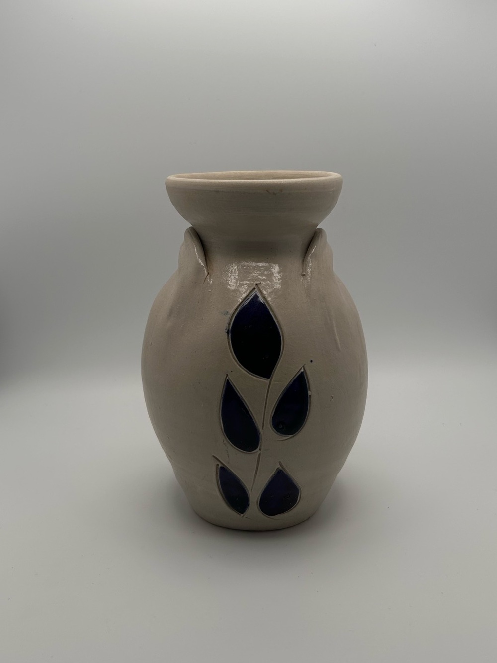 Charming Artisan Ceramic Vase with Blue Leaf Motif | Boho Coastal Home Decor